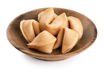 Wooden bowl with fortune cookie isolated on a white background. With clipping path.