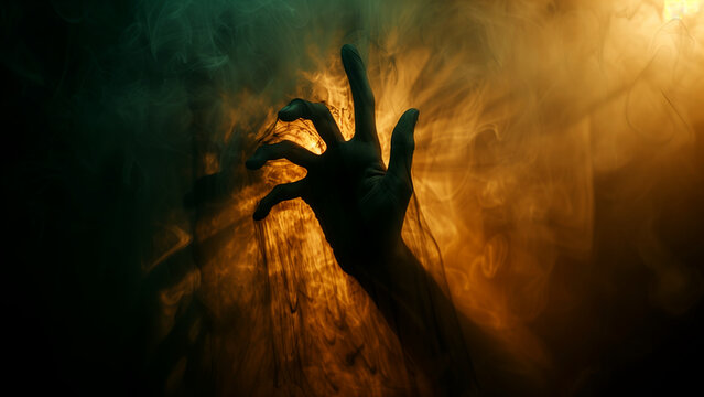 Ghostly hand emerges in a foggy darkness