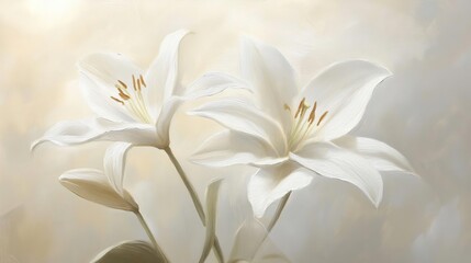 Obraz premium A serene depiction of two white lilies against a soft background, evoking tranquility.