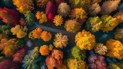 A drone aerial view of a vibrant autumn forest, with trees in shades of orange, red, and yellow, forming a vivid and colorful canopy, perfect for a warm and natural mobile wallpaper