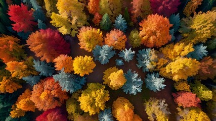 A drone aerial view of a vibrant autumn forest, with trees in shades of orange, red, and yellow, forming a vivid and colorful canopy, perfect for a warm and natural mobile wallpaper