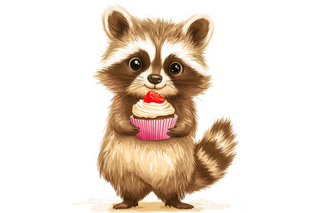 a cute raccoon holding a cupcake, white background.