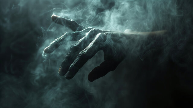Spectral hand rises from a dark fog
