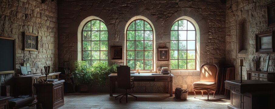 Home office with a tranquil monastery theme, featuring stone walls, arched windows, and simple, rustic furnishings Peaceful and ascetic