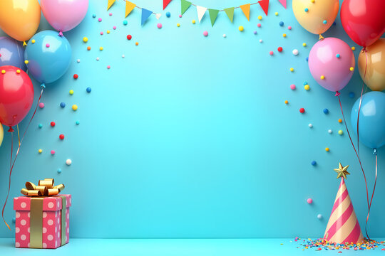 Greeting card. Vibrant and colorful birthday party scene with balloons, a gift box, and a cake on either side of a stage.