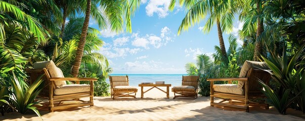 Fototapeta premium Home office with a tropical resort theme, featuring bamboo furniture, a sand floor, and a backdrop of lush palms and clear blue skies Relaxing and sunny