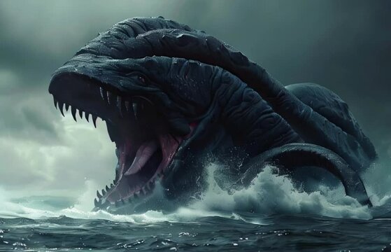 Terrifying sea monster in the dark depths of ocean