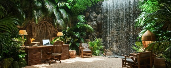 Obraz premium Home office with a tropical jungle theme, featuring lush vegetation, a waterfall wall, and furniture made from natural materials Exotic and vibrant