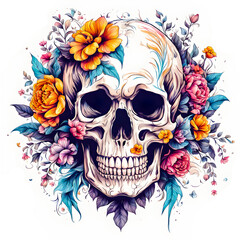 Fototapeta premium illustration of human skull with cute flowers on white background.
