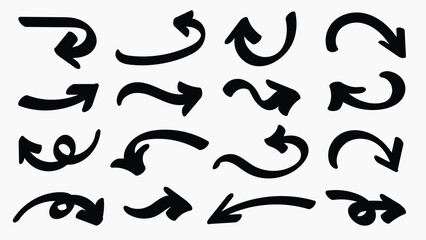 Set of simple bold lines hand drawn black arrows in various style. Set of simple of hand drawn black arrows. Set of simple bold lines hand drawn black arrows. Various of simple lines arrows collection