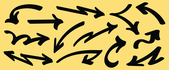 Set of simple bold lines hand drawn black arrows in various style. Set of simple of hand drawn black arrows. Set of simple bold lines hand drawn black arrows. Various of simple lines arrows collection
