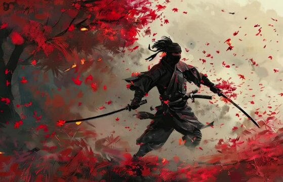 Japanese ninja warrior dressed in samurai clothes holding sharp sword