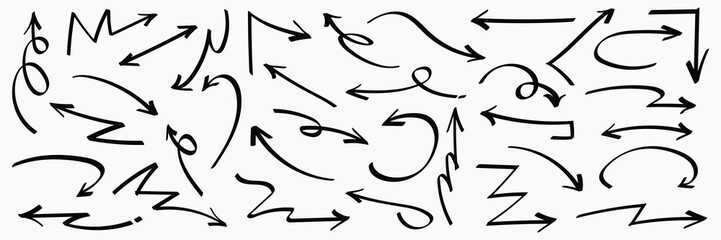 Set of simple lines hand drawn black arrows in various style. Set of simple of hand drawn black arrows. Set of simple lines hand drawn black arrows. Various of simple lines arrows collection