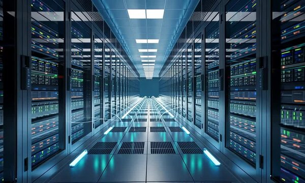 Behind the glass panels in the server room of a data center or Internet service provider, the network transports digital information and data flows.