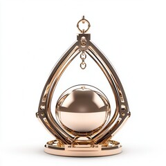Modern metallic sculpture with a spherical centerpiece on white isolated background.