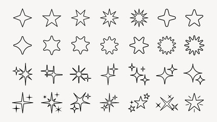 Star sparkle outline doodle set vector. Hand drawn star glitter sparks outline. Sparkle and starburst icons. Glittering spark star outline shapes. Shiny line firework star outline icon. Sparkle star