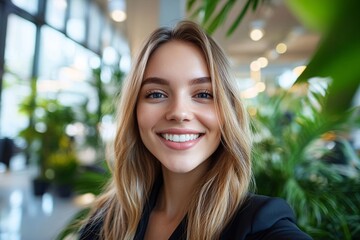Fototapeta premium Professional Selfie in Modern Green Office with Sunlight and Plants