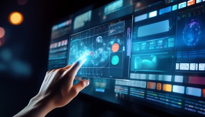 Fototapeta premium A futuristic hand interacts with a glowing touch screen displaying complex data visuals and digital interfaces.
