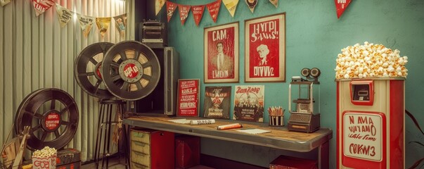 Home office with a vintage cinema theme, featuring movie reels, classic film posters, and a popcorn machine Nostalgic and entertaining