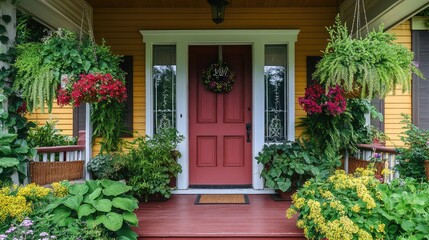 A vibrant front porch with an open door, adorned with lush greenery, hanging baskets of flowers, and gentle wind chimes swaying