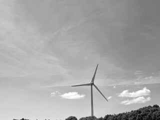 Wind power plant rotor, green eco energy concept, black and white monochrome grayscale