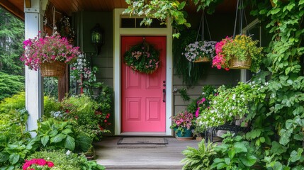 Fototapeta premium A vibrant front porch with an open door, adorned with lush greenery, hanging baskets of flowers, and gentle wind chimes swaying