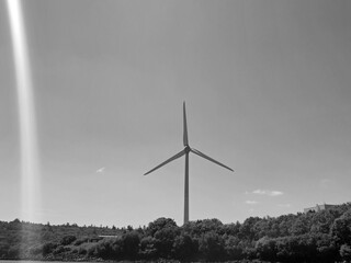 Wind power plant rotor, green eco energy concept, black and white monochrome grayscale
