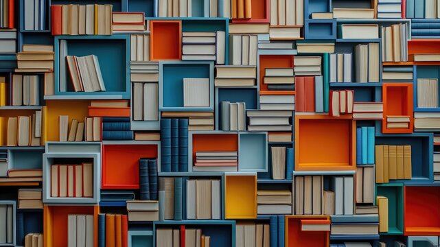 Abstract geometric books texture wall background, flat surface, colorful wallpaper, reading and journaling theme, organized, art illustration, vibrant banner design, creative decor.