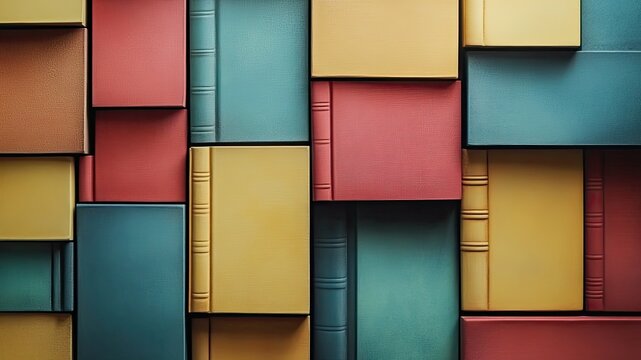 Abstract geometric books texture wall background, flat surface, colorful wallpaper, reading and journaling theme, organized, art illustration, vibrant banner design, creative decor.