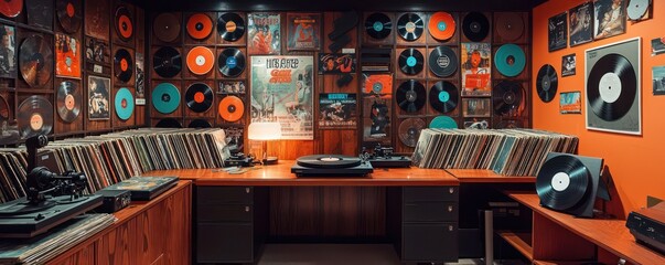 Home office with a vintage record store theme, featuring walls lined with vinyl records, a turntable desk setup, and retro music posters Nostalgic and cool