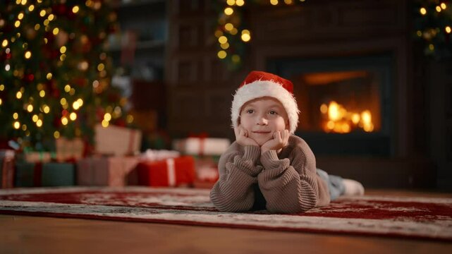 Cute little boy with Santa hat on head lying in room with fireplace in Xmas. Portrait of happy child in beautiful decorated house in Christmas Eve, alone Caucasian preschooler kid, wait for miracles