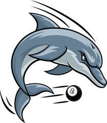 Dolphin animal mean tough billiards pool sports team mascot hitting 8 black billiard ball