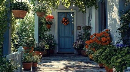 Fototapeta premium An inviting open door scene, framed by potted plants and vibrant hanging flowers, with wind chimes swaying softly above the porch