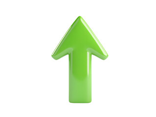 3D green arrow symbol pointing upwards, isolated on a white background.