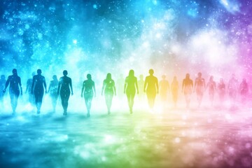 Fototapeta premium Silhouettes of people walking toward a glowing rainbow light symbolizing unity progress and transformation in a surreal dreamlike scene