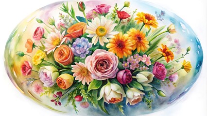 Fisheye view of watercolor painting featuring a bunch of flowers