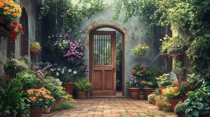 Fototapeta premium An open door from a three-quarters angle, potted plants lining the path, wind chimes gently tinkling above, with hanging flowers providing color