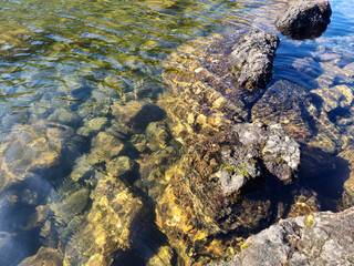Mountain lake relaxation, pure waterscape natural background. Laying somewhere in the mountains