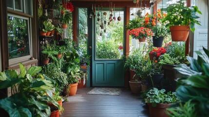An open front door in a lush porch scene, filled with hanging flowers, wind chimes, and plants in pots that overflow with greenery