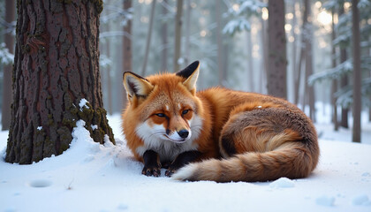 Charming red fox resting in snow-covered forest with trees and soft morning light