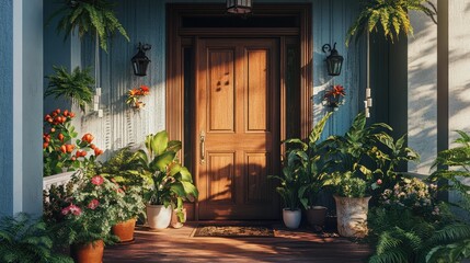 An open front door with intricate details, surrounded by lush potted plants and delicate wind chimes, creating a warm and inviting porch