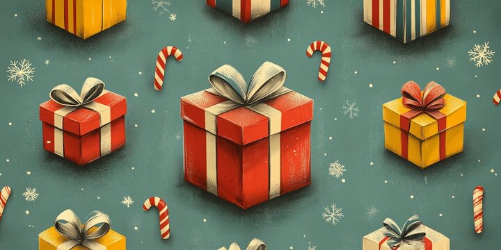 A vibrant Christmas-themed illustration featuring red and gold gift boxes adorned with elegant bows, surrounded by candy canes and delicate snowflakes.