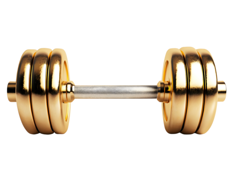 Shiny gold dumbbell on a white isolate background, perfect for fitness and gym-themed designs.
