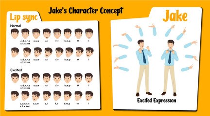 Excited male employee cartoon character AKA Jake, men wearing an office uniform. Excited face expressions and lip sync. Set of male cartoon  with various hand gesture and front and 1/3 standing pose.