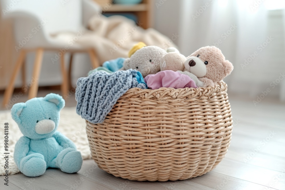 Poster a laundry basket overflows with vibrant children's clothing and soft toys, adding cheer to a sunlit 
