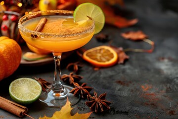 Pumpkin Spice Cosmopolitan Cocktail with Lime in Stylish Glass for Autumn Celebration






