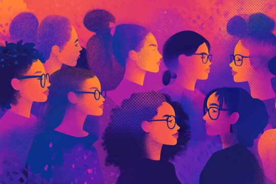 Abstract illustration of women in profile wearing glasses in a crowded scene rendered in shades of purple and pink representing individuality self expression and intellectualism