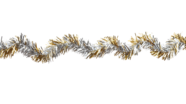 Shiny silver and gold tinsel garland, perfect for festive decorations and celebrations.