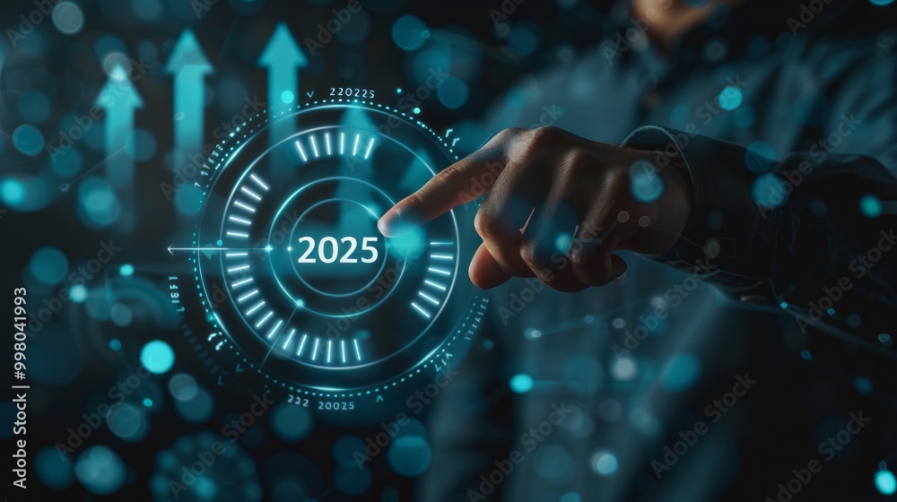 Poster a person is pointing at a blue circle with the number 2025 on it