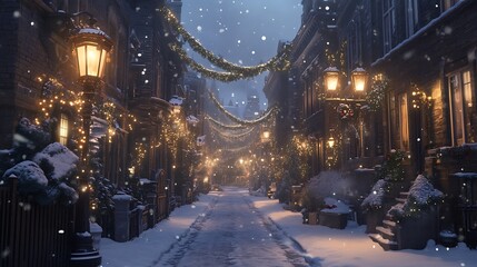 A snow-covered Victorian street lined with ornate Christmas lamps